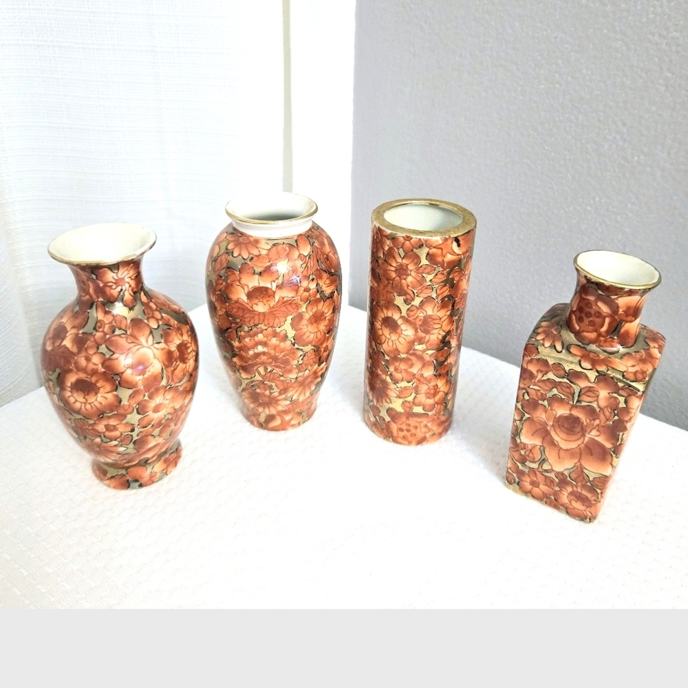 Chinese Vase Set Of 4 Enamel Paint Gilding Orange Asian Floral